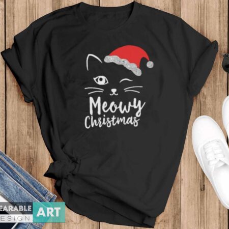 Cat Face Meowy Christmas T-Shirt - Black T-Shirt