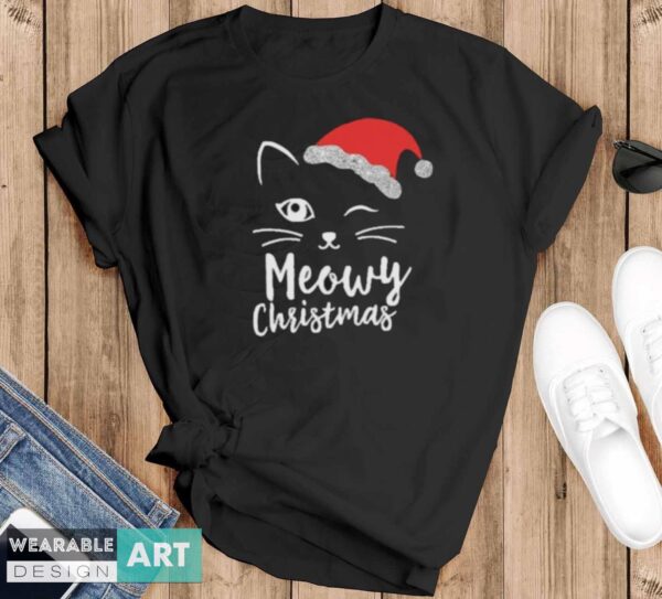 Cat Face Meowy Christmas T-Shirt - Black T-Shirt