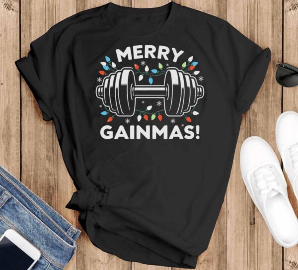 Fitness Workout Gym Shirt Merry Gainmas Christmas Shirt Gym Ugly Christmas Shirt - Black T-Shirt