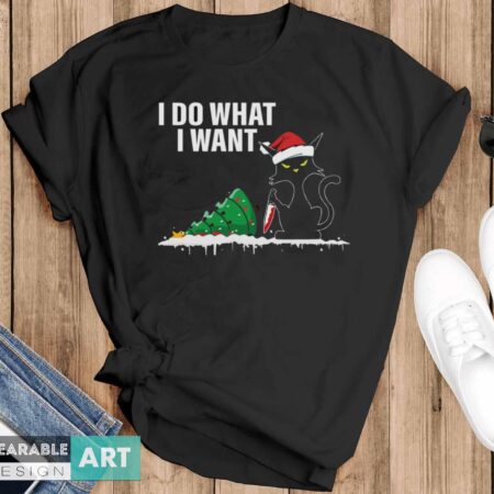 Funny Cat Knocking Over Christmas Tree I Do What I Want Unisex Vintage T-Shirt - Black T-Shirt