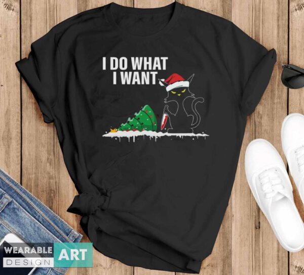 Funny Cat Knocking Over Christmas Tree I Do What I Want Unisex Vintage T-Shirt - Black T-Shirt