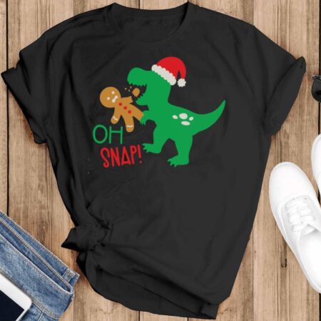 Funny Christmas Dinosaur Oh Snap Gingerbread Shirt - Black T-Shirt