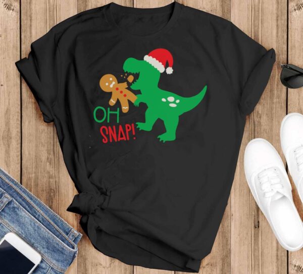 Funny Christmas Dinosaur Oh Snap Gingerbread Shirt - Black T-Shirt