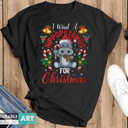 I Want A Hippopotamus For Christmas Hippo Candy Santa - Black T-Shirt