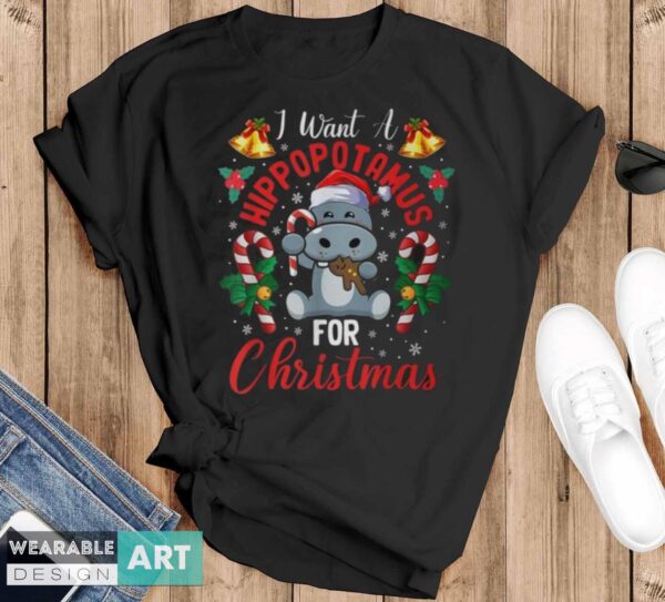 I Want A Hippopotamus For Christmas Hippo Candy Santa - Black T-Shirt