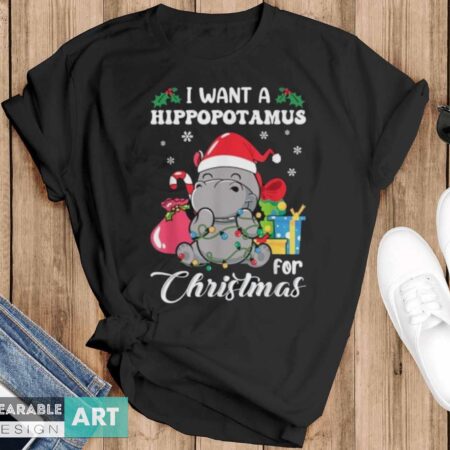 I Want A Hippopotamus For Christmas Hippo Christmas Pajamas T-Shirt - Black T-Shirt