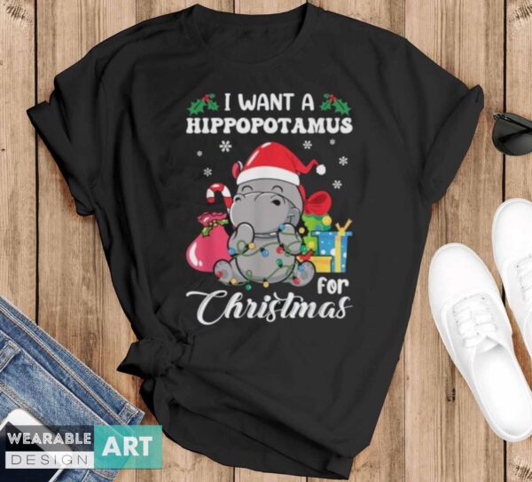 I Want A Hippopotamus For Christmas Hippo Christmas Pajamas T-Shirt - Black T-Shirt