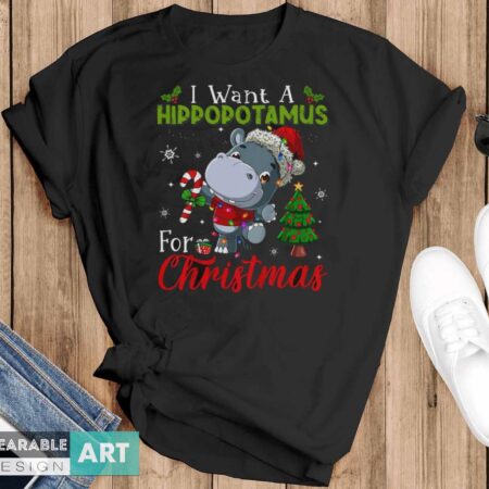 I Want A Hippopotamus For Christmas Shirt Hippo Candy Santa Shirt - Black T-Shirt