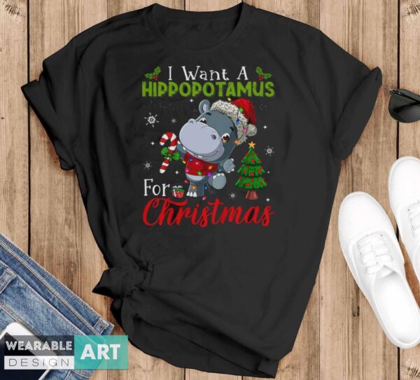 I Want A Hippopotamus For Christmas Shirt Hippo Candy Santa Shirt - Black T-Shirt