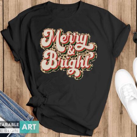 Merry and Bright Christmas Shirt, Leopard Print Christmas Shirt - Black T-Shirt