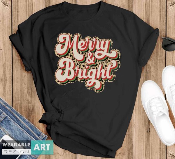 Merry and Bright Christmas Shirt, Leopard Print Christmas Shirt - Black T-Shirt