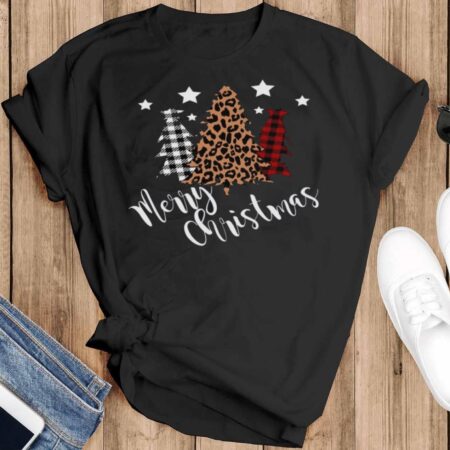 Merry Christmas Long Sleeve Shirt-Leopard Christmas Shirt-Buffalo Plaid-Womens Christmas Shirt - Black T-Shirt