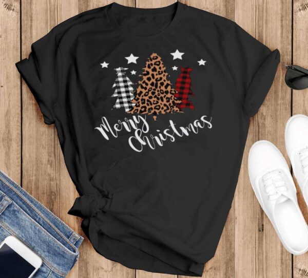 Merry Christmas Long Sleeve Shirt-Leopard Christmas Shirt-Buffalo Plaid-Womens Christmas Shirt - Black T-Shirt