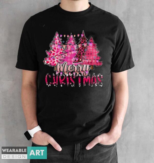 Merry Christmas Pink Christmas Trees Shirt, Christmas Shirt, Leopard Print Christmas Shirt - Black Unisex T-Shirt