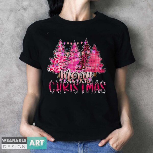 Merry Christmas Pink Christmas Trees Shirt, Christmas Shirt, Leopard Print Christmas Shirt - Ladies T-Shirt