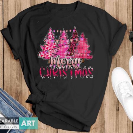 Merry Christmas Pink Christmas Trees Shirt, Christmas Shirt, Leopard Print Christmas Shirt - Black T-Shirt