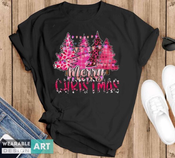 Merry Christmas Pink Christmas Trees Shirt, Christmas Shirt, Leopard Print Christmas Shirt - Black T-Shirt