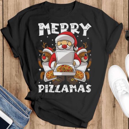 Merry Pizzamas Pizza Ugly Christmas Shirt Pizza Christmas Shirt - Black T-Shirt