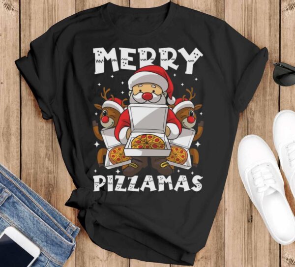 Merry Pizzamas Pizza Ugly Christmas Shirt Pizza Christmas Shirt - Black T-Shirt