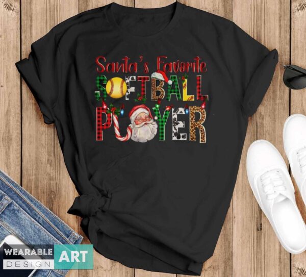 Santa's Favorite Softball Player, Christmas Santa Tshirt, Gift For Softball Lover - Black T-Shirt